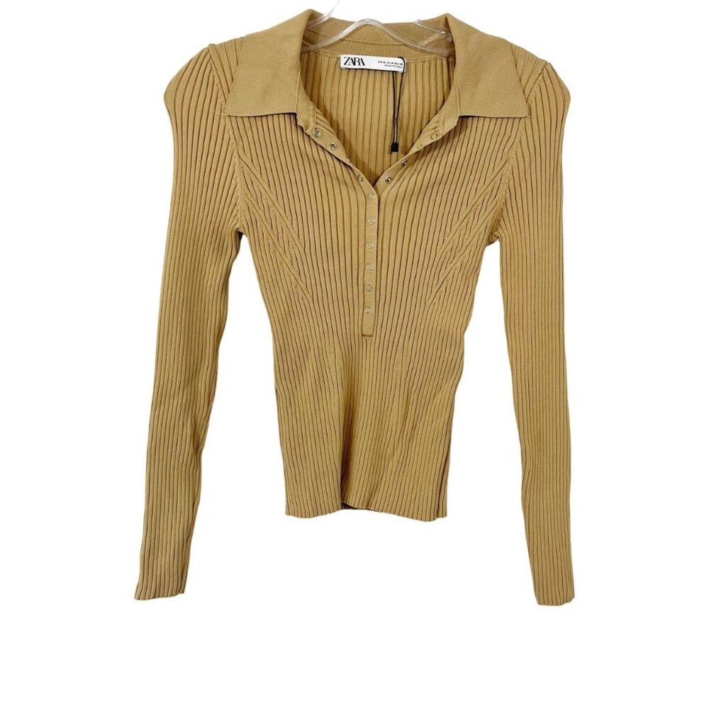 Zara Tan Ribbed Knit Polo Shirt Long Sleeve Snap Button Stretch - Size‎ Medium